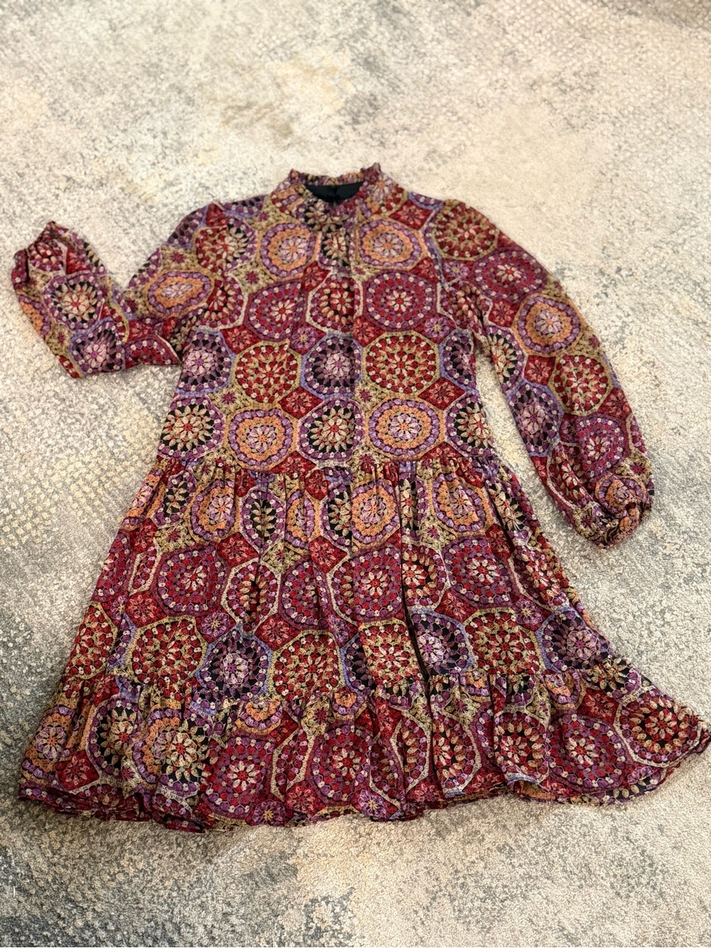 Julian Taylor Burgundy Multi Medallion Long Sleeve Tiered Dress